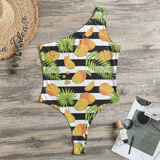 Mango Fruit Striped Pattern Print One Shoulder Bodysuit