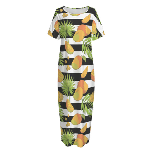 Mango Fruit Striped Pattern Print Short Sleeve Long Nightdress