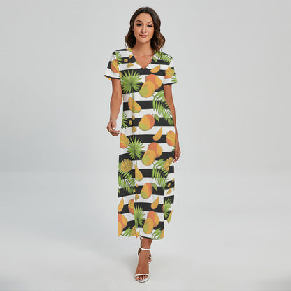 Mango Fruit Striped Pattern Print Short Sleeve Maxi Dress