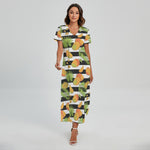 Mango Fruit Striped Pattern Print Short Sleeve Maxi Dress