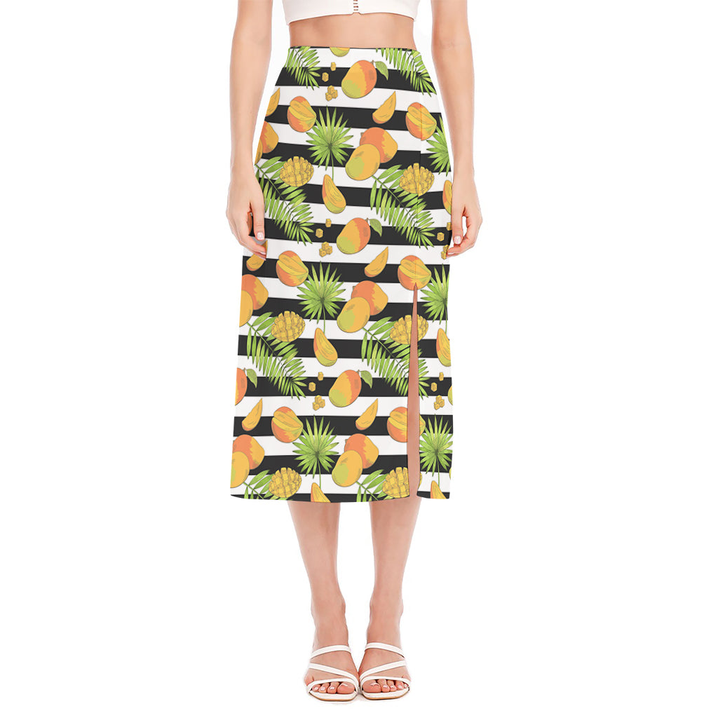 Mango Fruit Striped Pattern Print Side Slit Midi Skirt