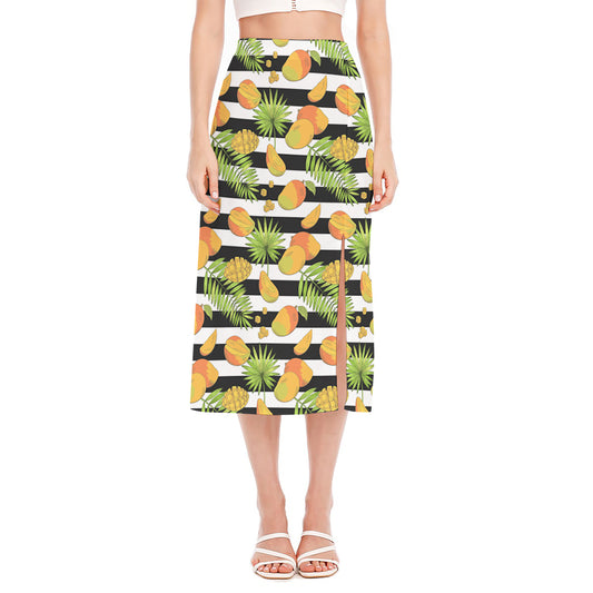 Mango Fruit Striped Pattern Print Side Slit Midi Skirt