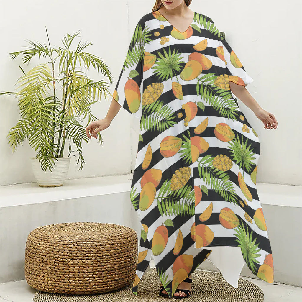 Mango Fruit Striped Pattern Print Silk V-Neck Kaftan Dress