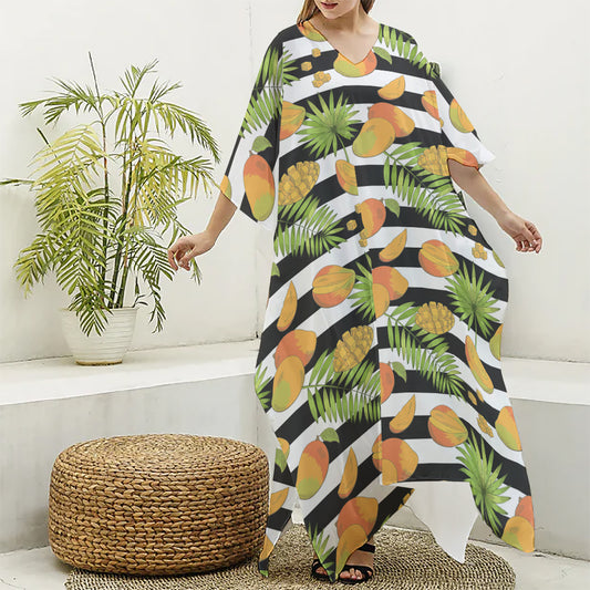 Mango Fruit Striped Pattern Print Silk V-Neck Kaftan Dress