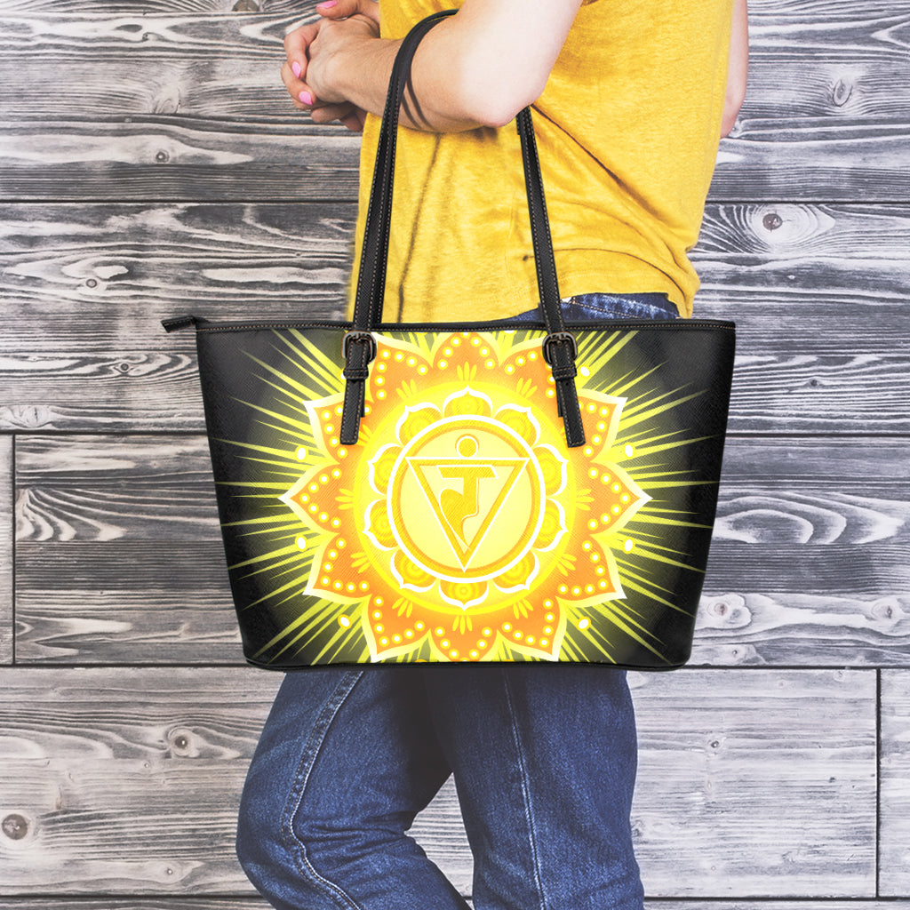Manipura Chakra Mandala Print Leather Tote Bag