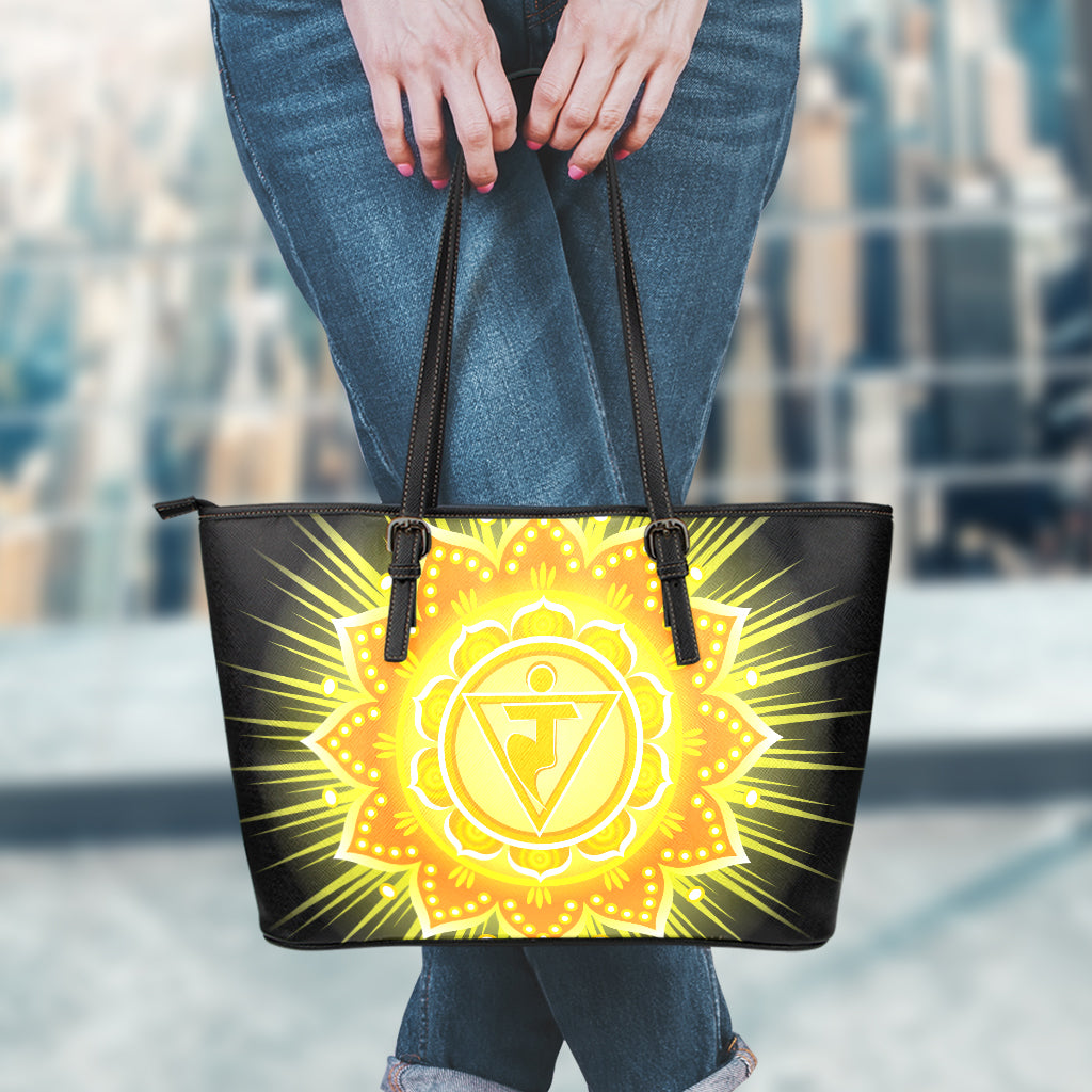 Manipura Chakra Mandala Print Leather Tote Bag