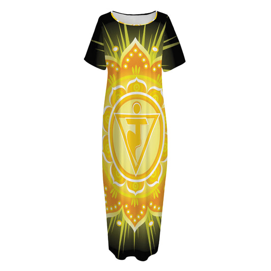 Manipura Chakra Mandala Print Short Sleeve Long Nightdress