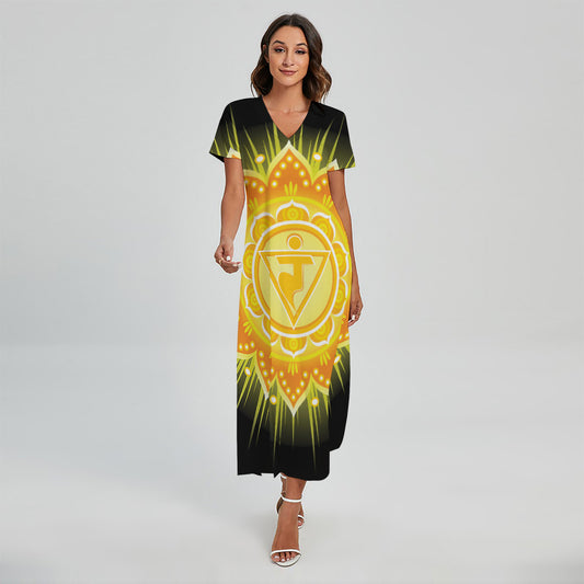 Manipura Chakra Mandala Print Short Sleeve Maxi Dress