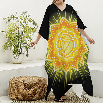 Manipura Chakra Mandala Print Silk V-Neck Kaftan Dress