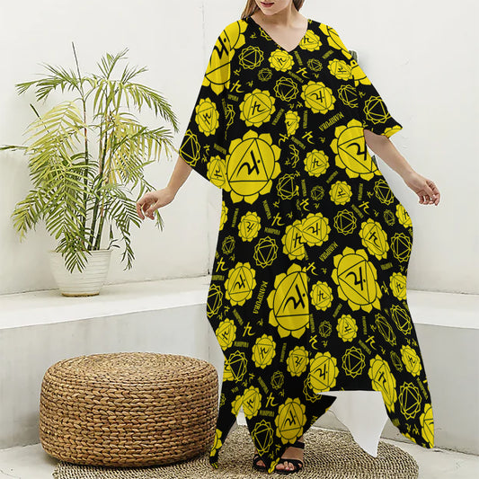 Manipura Chakra Pattern Print Silk V-Neck Kaftan Dress