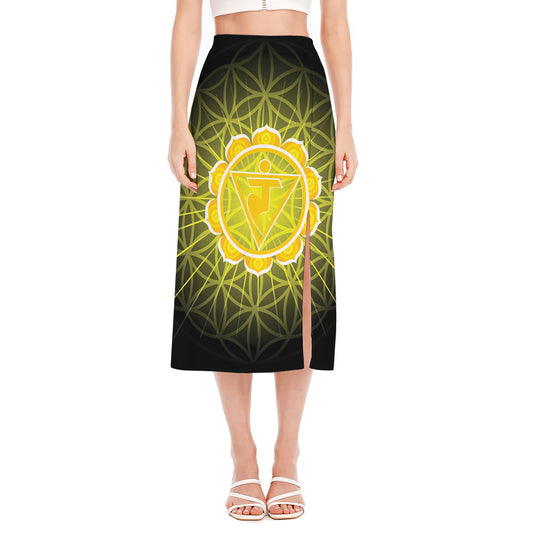 Manipura Chakra Spiritual Print Side Slit Midi Skirt