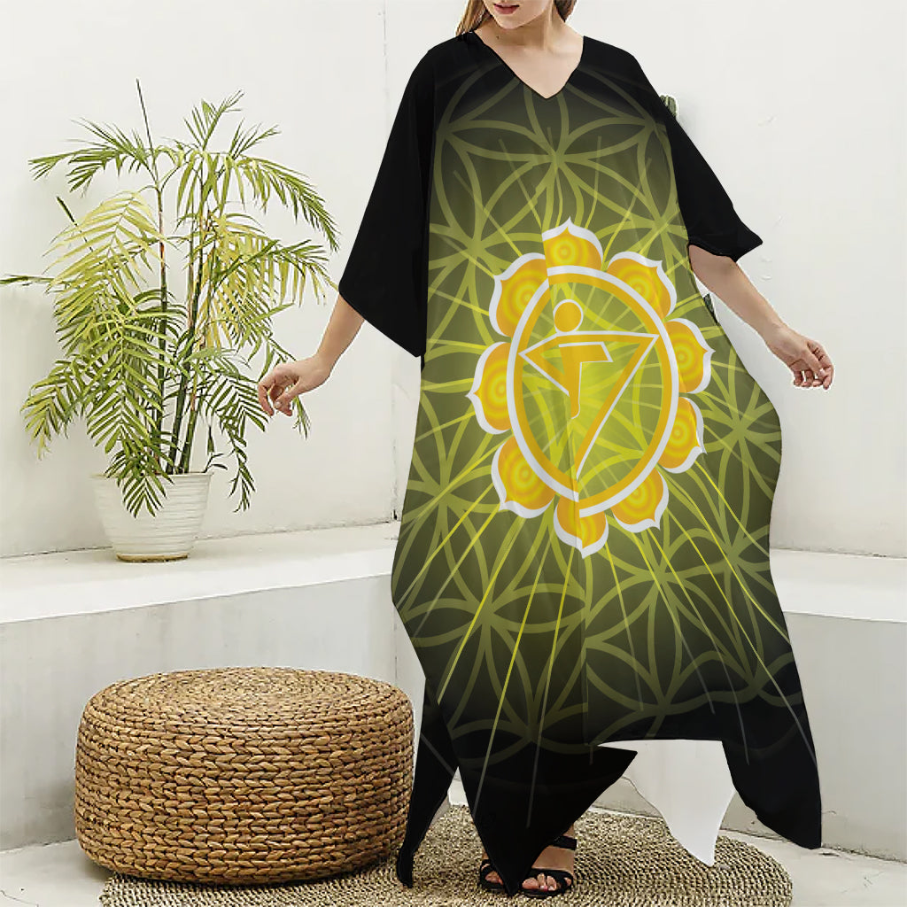 Manipura Chakra Spiritual Print Silk V-Neck Kaftan Dress