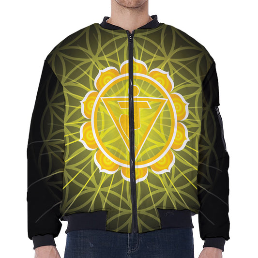 Manipura Chakra Spiritual Print Zip Sleeve Bomber Jacket