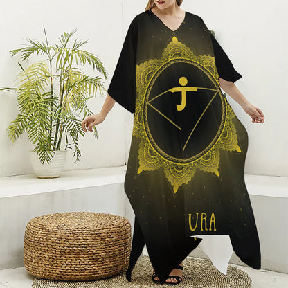 Manipura Chakra Symbol Print Silk V-Neck Kaftan Dress
