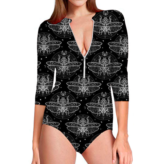 Mantis Spirit Animal Pattern Print Long Sleeve Swimsuit