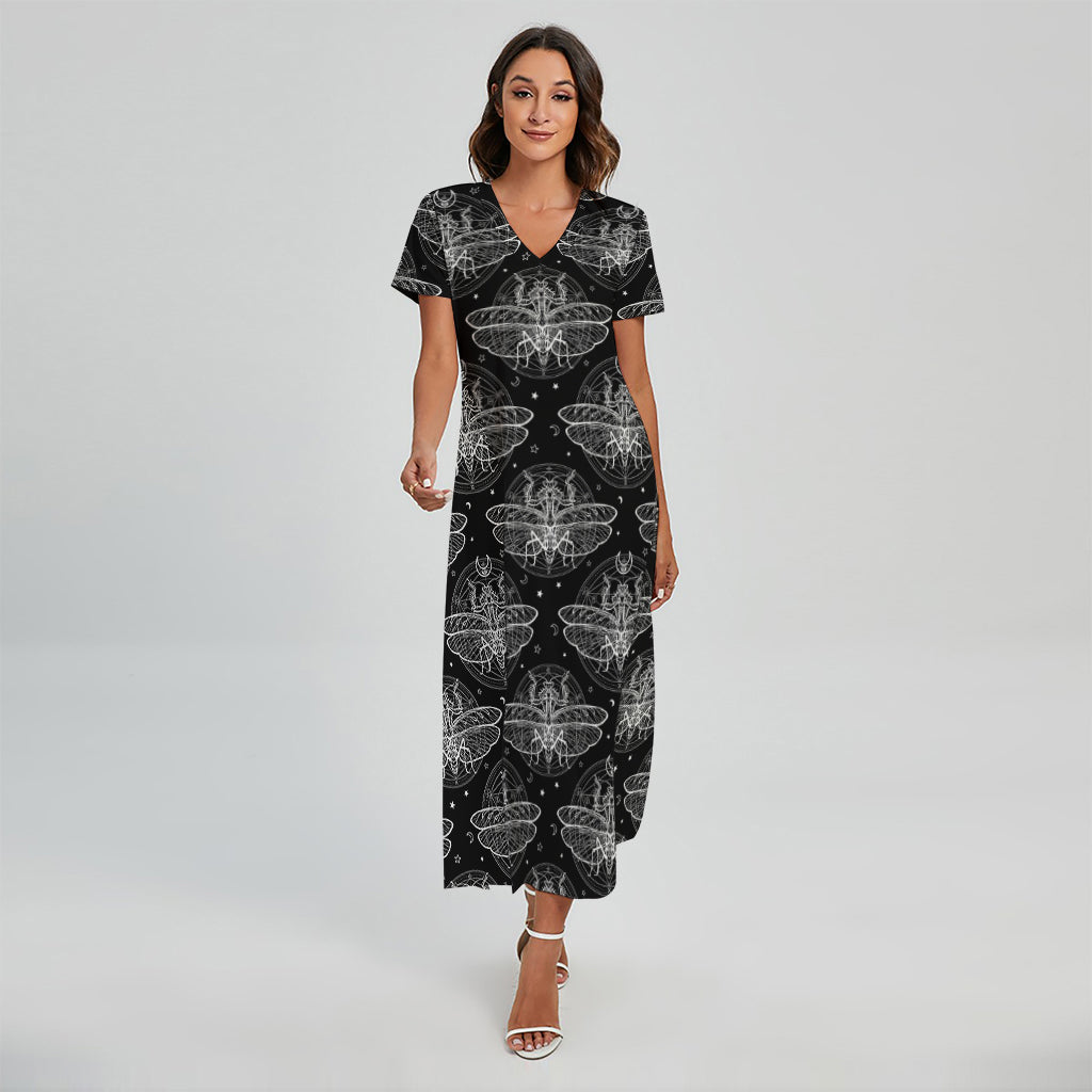 Mantis Spirit Animal Pattern Print Short Sleeve Maxi Dress