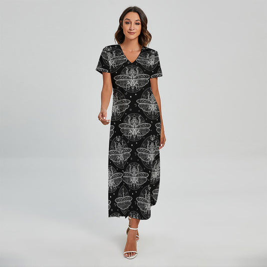 Mantis Spirit Animal Pattern Print Short Sleeve Maxi Dress