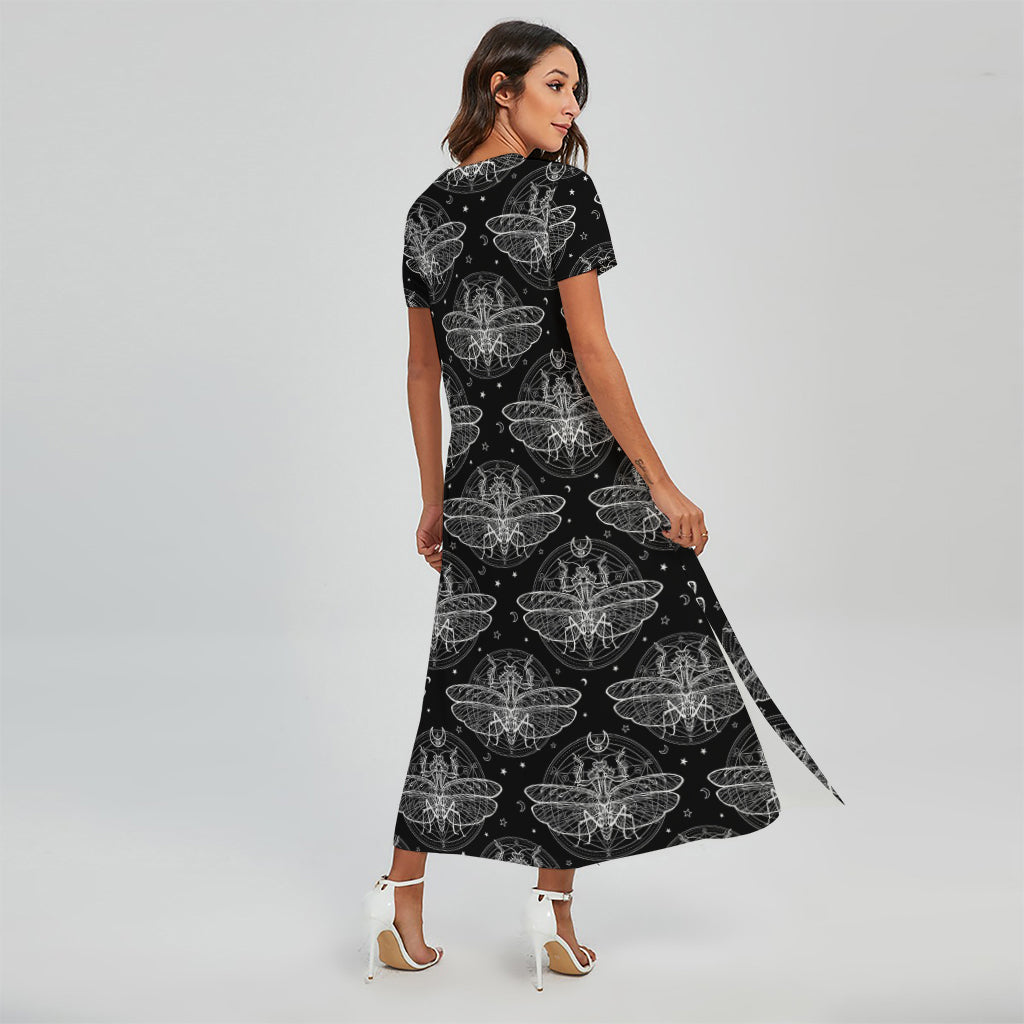 Mantis Spirit Animal Pattern Print Short Sleeve Maxi Dress