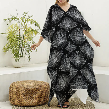 Mantis Spirit Animal Pattern Print Silk V-Neck Kaftan Dress