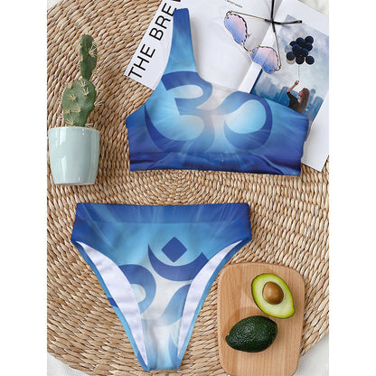 Mantra Om Print One Shoulder Bikini Top