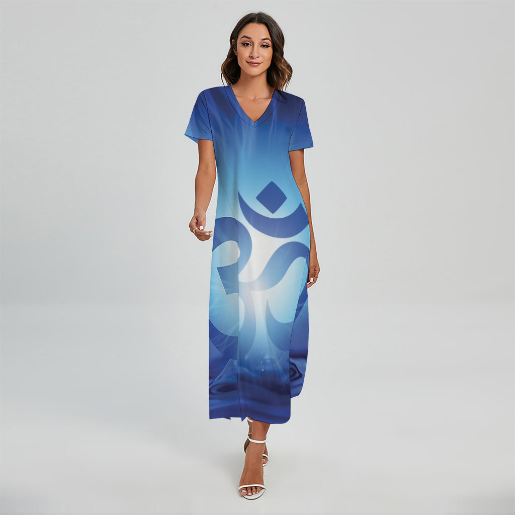 Mantra Om Print Short Sleeve Maxi Dress