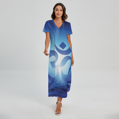 Mantra Om Print Short Sleeve Maxi Dress