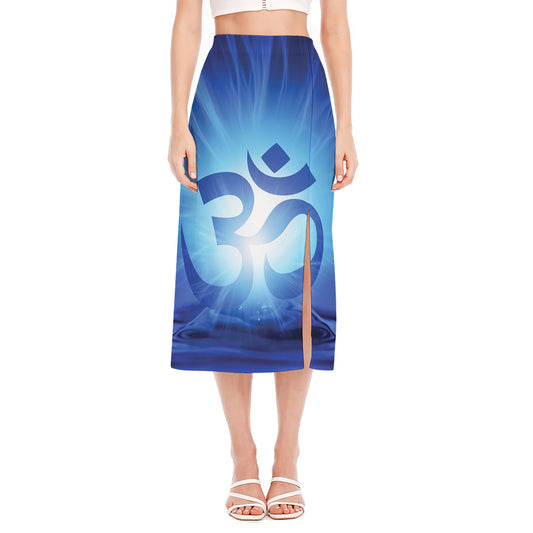 Mantra Om Print Side Slit Midi Skirt