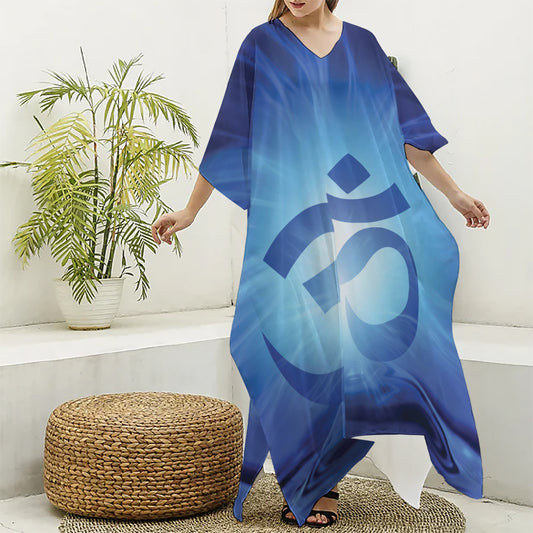 Mantra Om Print Silk V-Neck Kaftan Dress