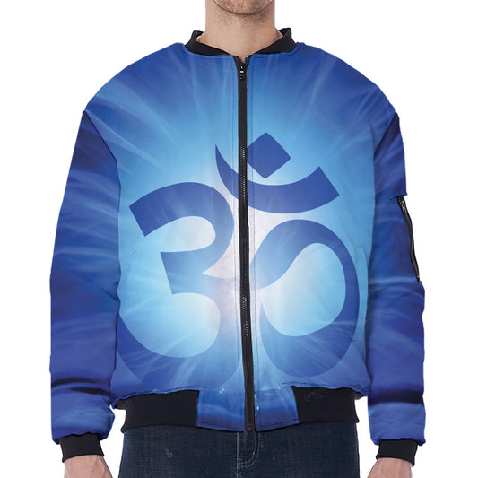 Mantra Om Print Zip Sleeve Bomber Jacket