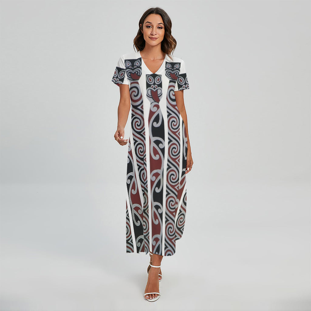 Maori Fence Print Short Sleeve Maxi Dress