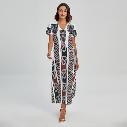 Maori Fence Print Short Sleeve Maxi Dress