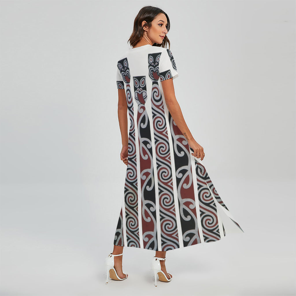 Maori Fence Print Short Sleeve Maxi Dress