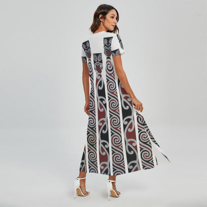 Maori Fence Print Short Sleeve Maxi Dress