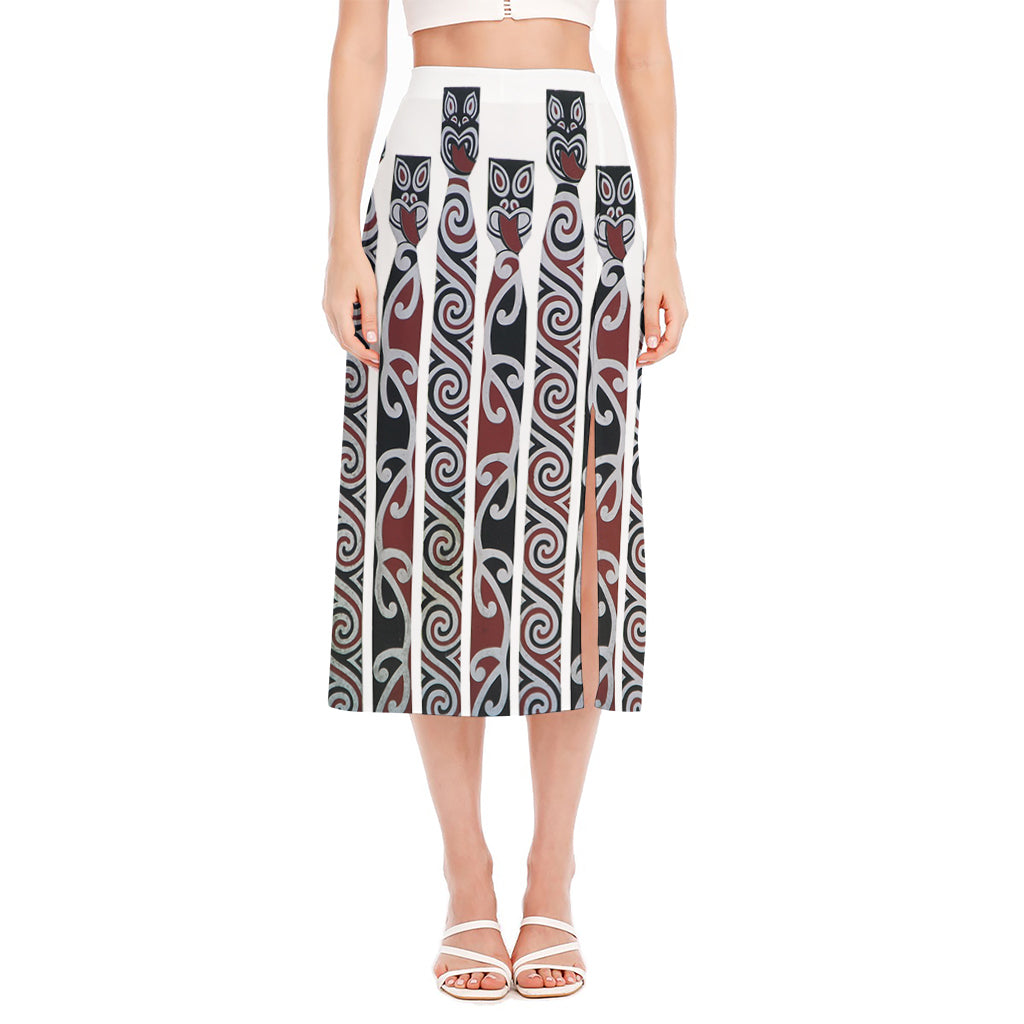 Maori Fence Print Side Slit Midi Skirt