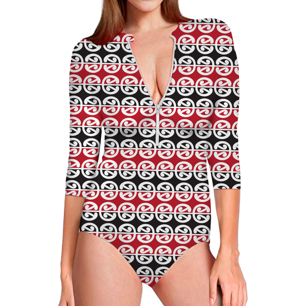 Maori Kowhaiwhai Pattern Print Long Sleeve Swimsuit