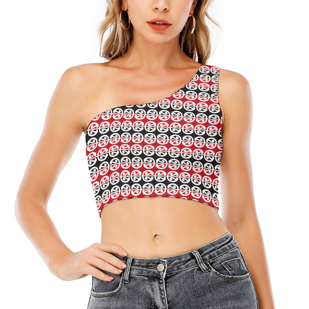 Maori Kowhaiwhai Pattern Print One Shoulder Crop Top