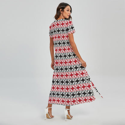 Maori Kowhaiwhai Pattern Print Short Sleeve Maxi Dress