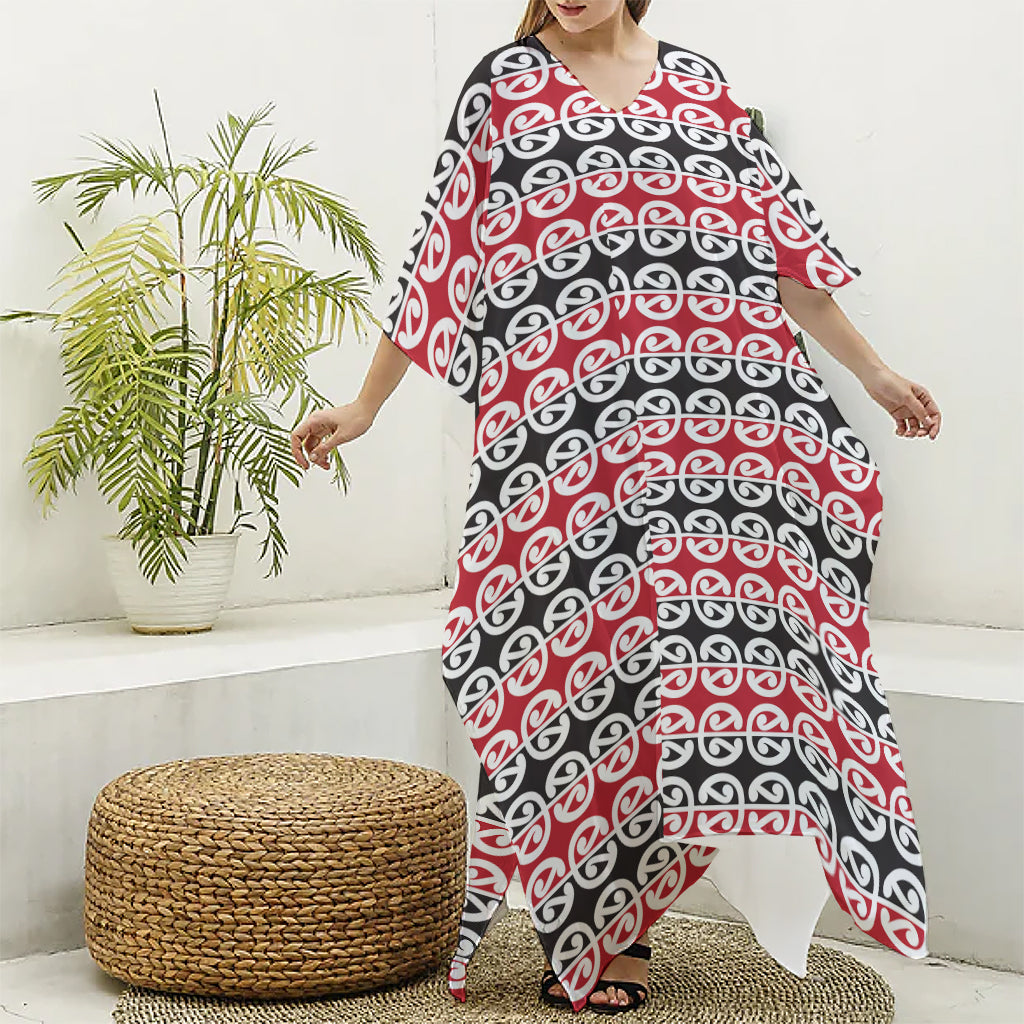 Maori Kowhaiwhai Pattern Print Silk V-Neck Kaftan Dress