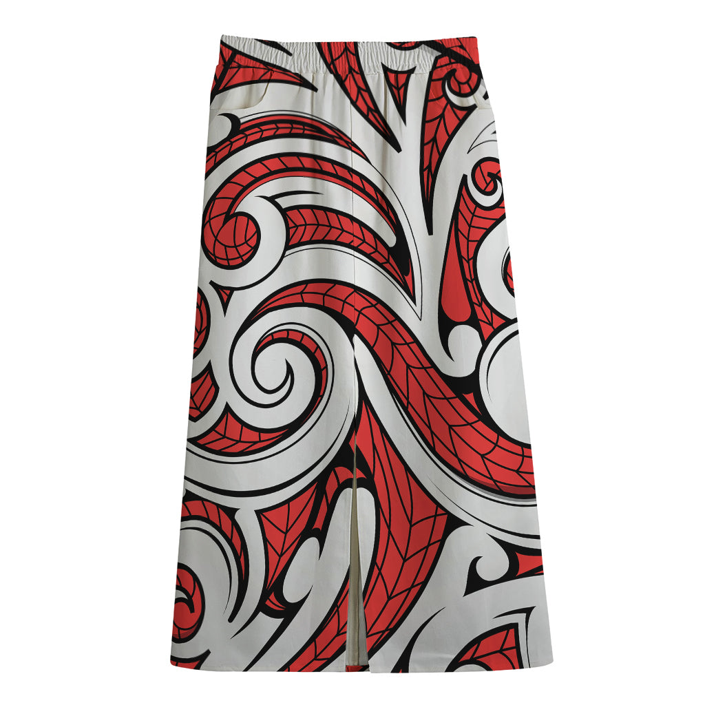 Maori Kowhaiwhai Tribal Polynesian Print Cotton Front Slit Maxi Skirt