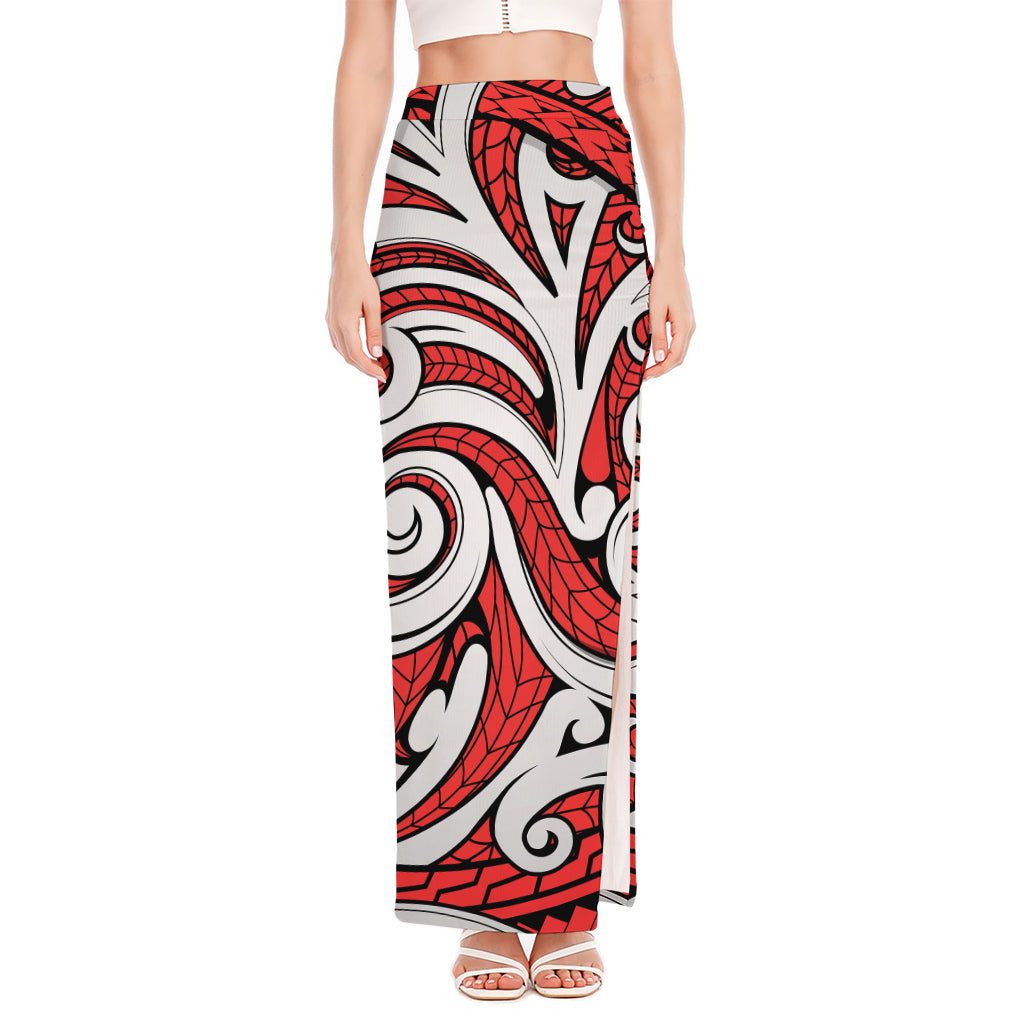 Maori Kowhaiwhai Tribal Polynesian Print High Slit Maxi Skirt