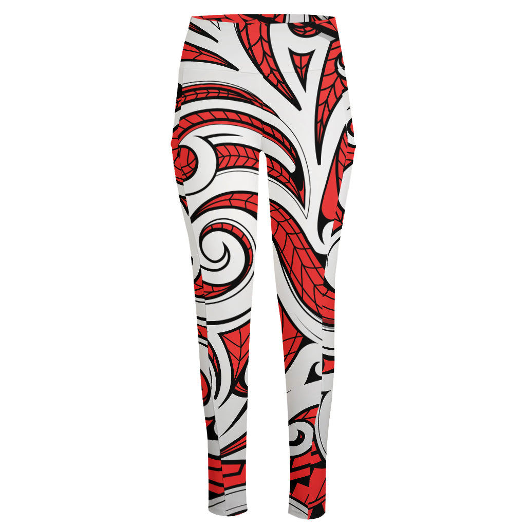 Maori Kowhaiwhai Tribal Polynesian Print High-Waisted Pocket Leggings