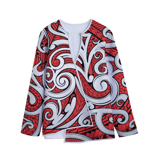 Maori Kowhaiwhai Tribal Polynesian Print Long Sleeve Short Coat