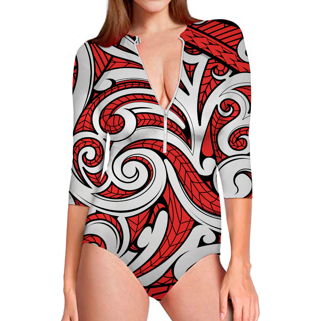 Maori Kowhaiwhai Tribal Polynesian Print Long Sleeve Swimsuit