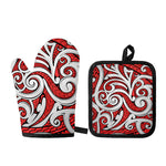 Maori Kowhaiwhai Tribal Polynesian Print Oven Mitt And Pot Holder Set