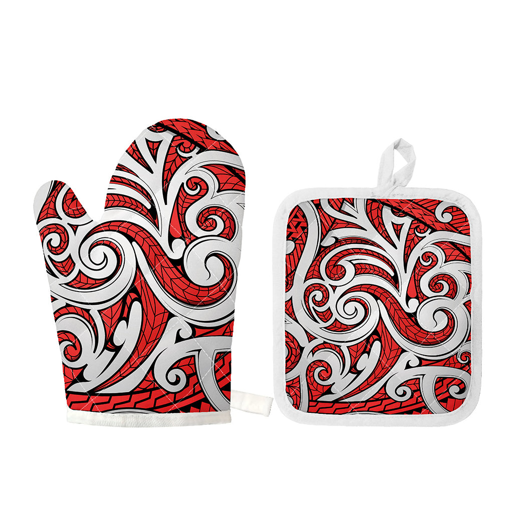Maori Kowhaiwhai Tribal Polynesian Print Oven Mitt And Pot Holder Set
