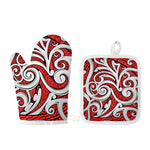 Maori Kowhaiwhai Tribal Polynesian Print Oven Mitt And Pot Holder Set