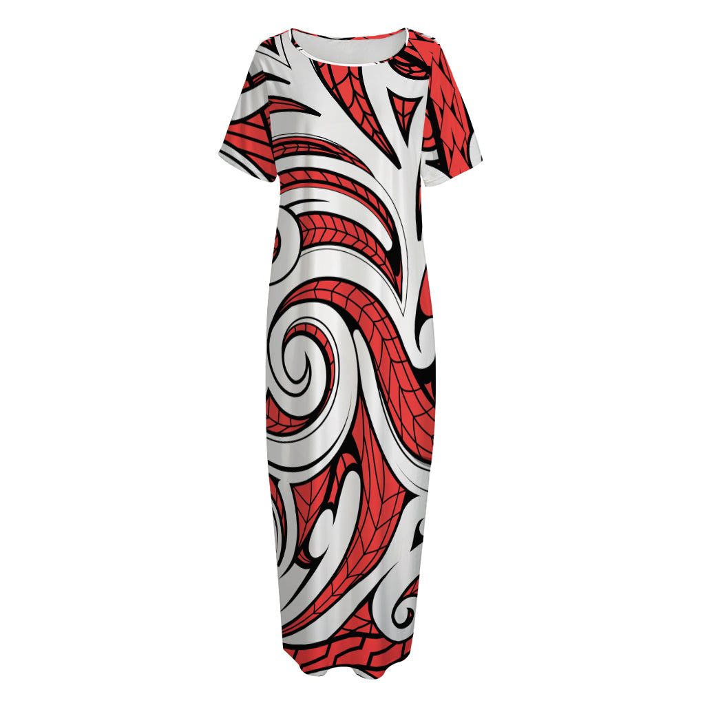 Maori Kowhaiwhai Tribal Polynesian Print Short Sleeve Long Nightdress