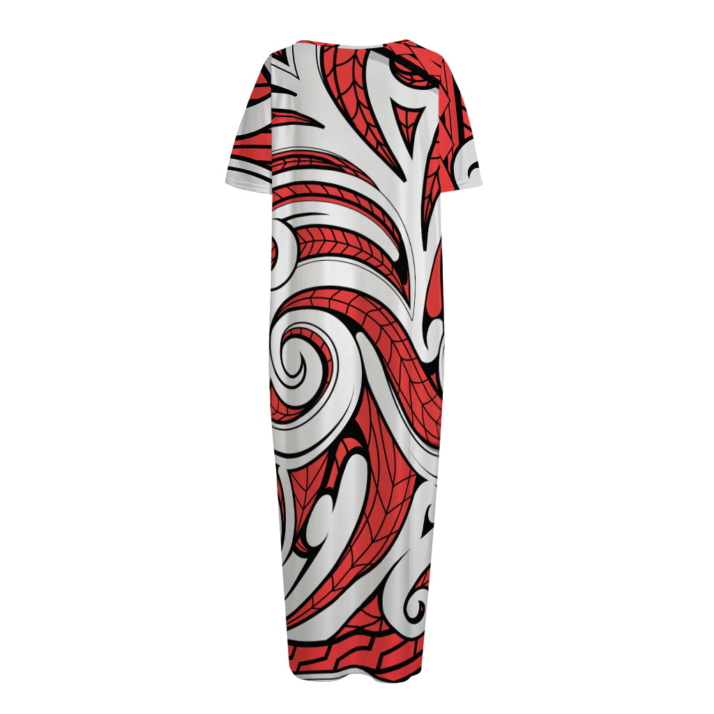 Maori Kowhaiwhai Tribal Polynesian Print Short Sleeve Long Nightdress