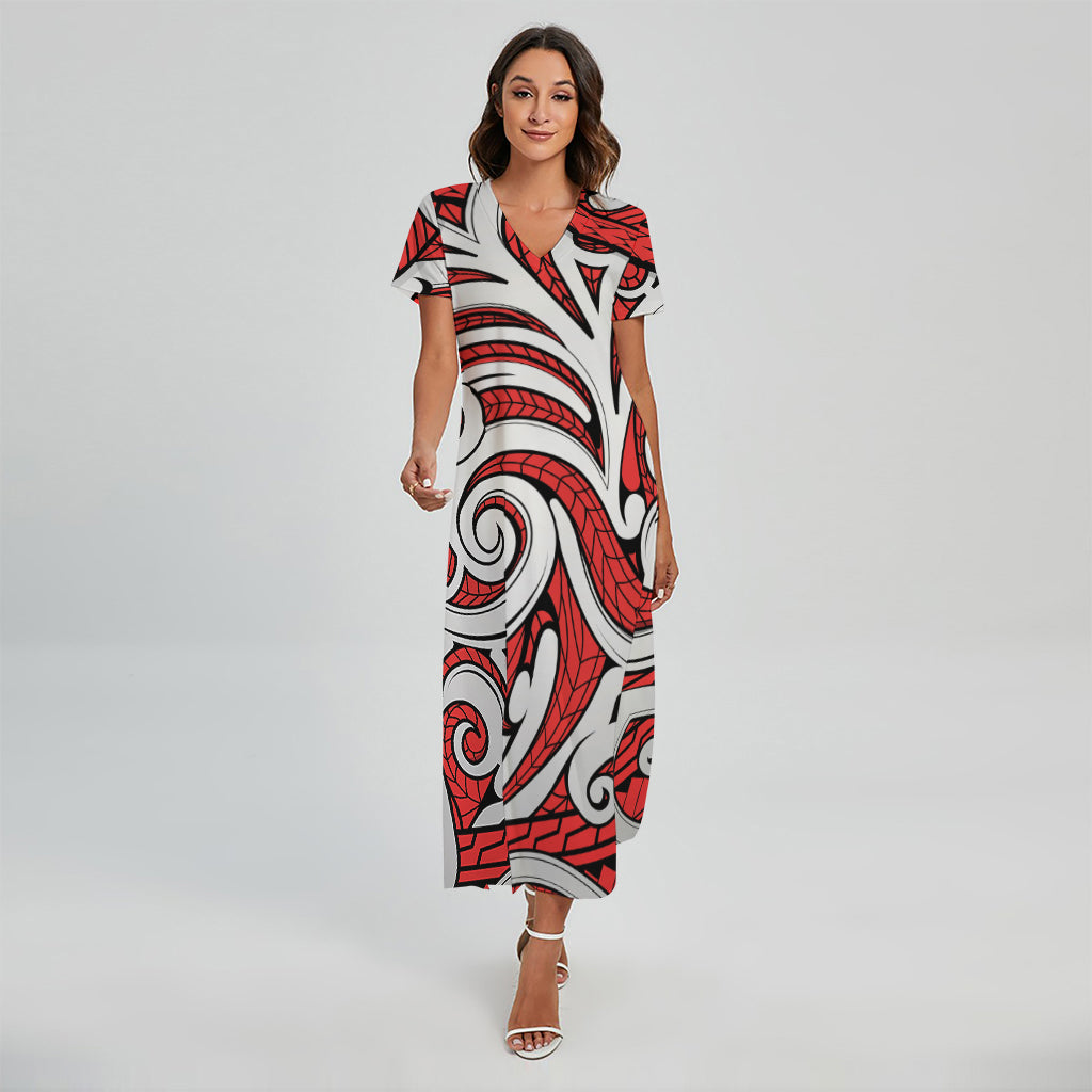 Maori Kowhaiwhai Tribal Polynesian Print Short Sleeve Maxi Dress