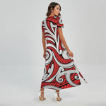 Maori Kowhaiwhai Tribal Polynesian Print Short Sleeve Maxi Dress